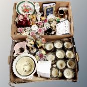 Two boxes of Italian ceramic flower ornaments, glass candle holders,