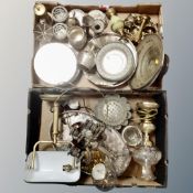 Two boxes of antique and later plated wares, Bentima clock under shade,