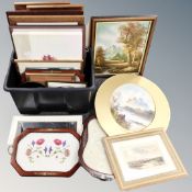 A crate containing assorted pictures and prints, framed mirrors, trays etc.