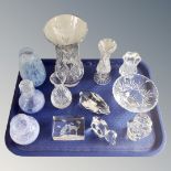 A tray of crystal and glass ornaments including Caithness glass etc.