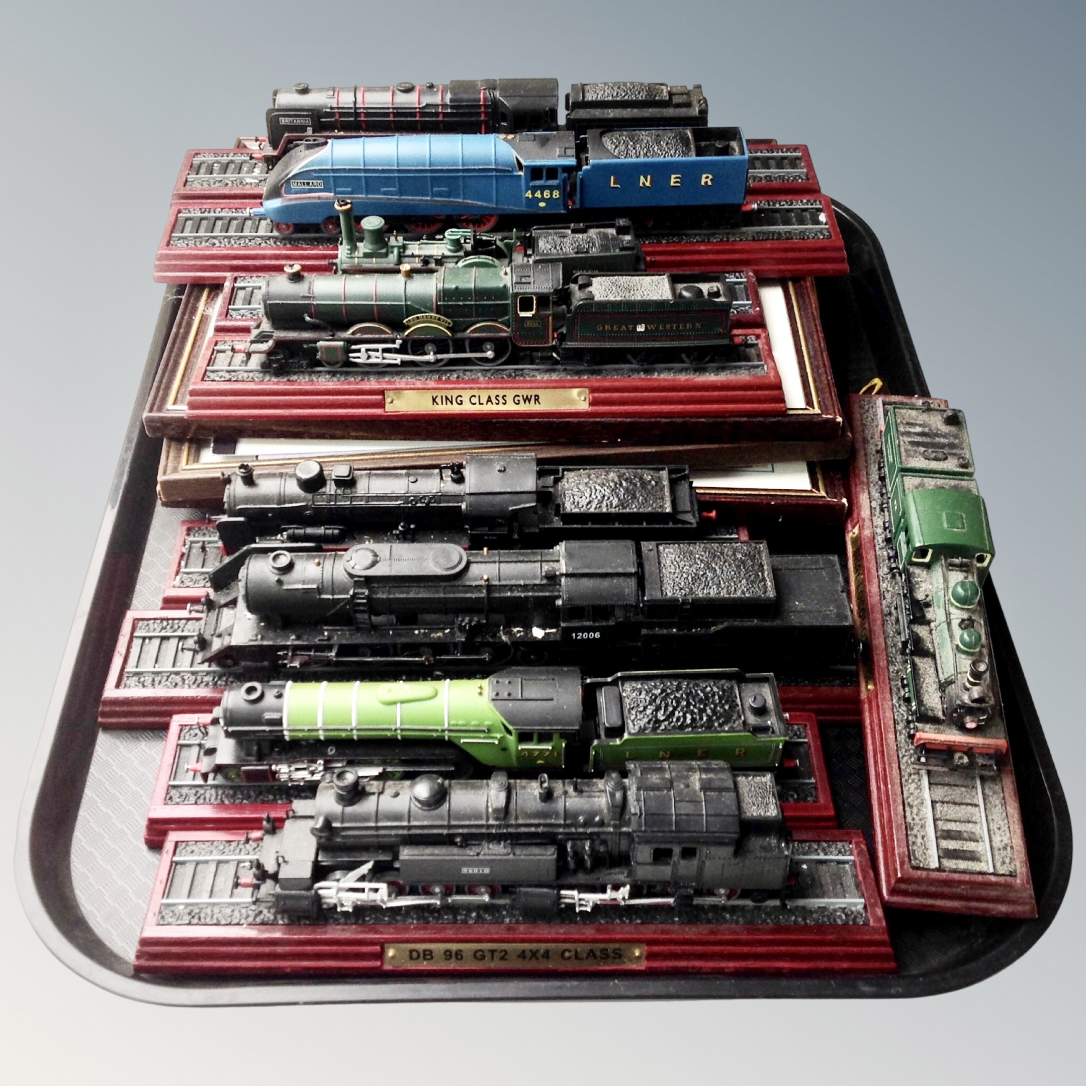 A collection of model train locomotives on plinths, prints of locomotives, etc. - Image 2 of 3