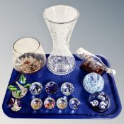 A tray of assorted glass ware, commemorative paper weights, Caithness vase, cut glass vase,