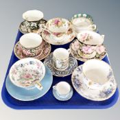 A tray of china cups and saucers, Aynsley, Royal Albert, Wedgwood etc.