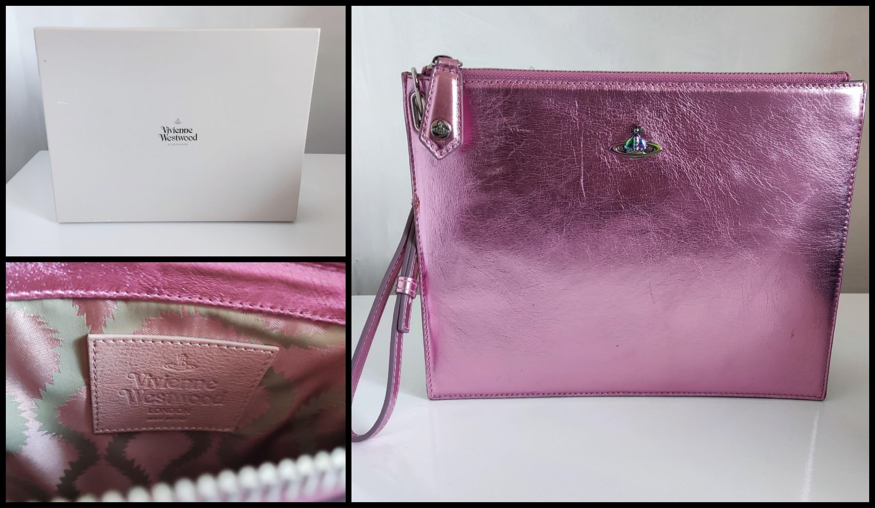 Vivienne Westwood pink shimmering clutch pouch with its original box and inside dividers. 26 cm.