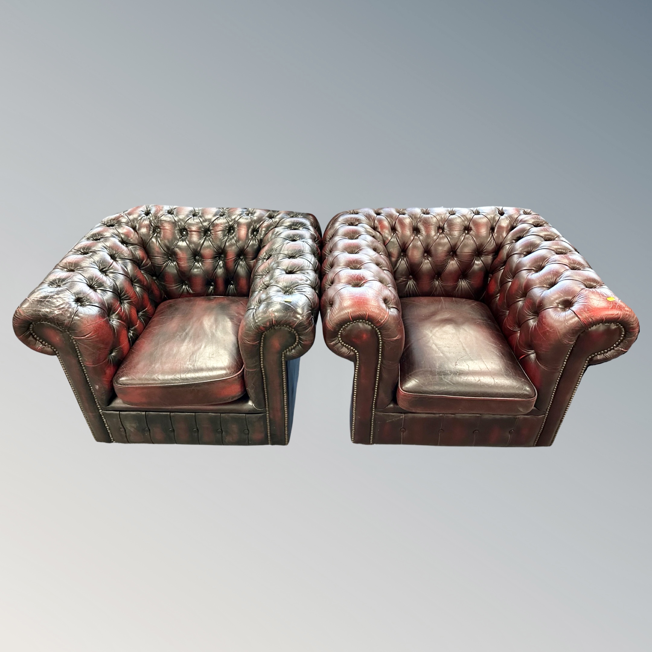 A three piece non-matching oxblood Chesterfield club suite (odd cushions) - Image 2 of 2