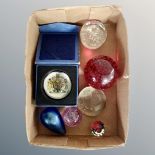 Six paperweights including Heron glass egg,