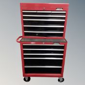A Halfords professional multi-drawer toolbox on wheeled cabinet, with keys.