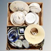 Two boxes containing glassware, a 19th century blue and white bowl, Poole dinnerware,