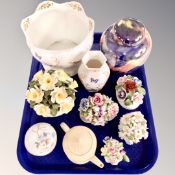 A tray of ceramics, Aynsley cottage garden, flower posies, Wedgwood teapot,