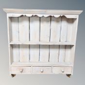 A painted pine Delft rack fitted with three drawers