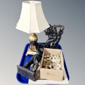 A tray of contemporary gilt table lamp, two contemporary figures,