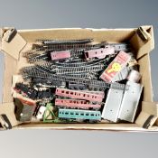 A box containing Hornby railways rolling stock, battery control unit and track.