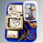 A tray of pipes, pocket lighters, recorder, miniature spitfire,