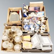 A pallet of brass light fittings, mirrors, picture frames, assorted ceramics,