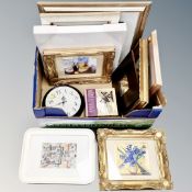 A box of assorted framed pictures, wall clock, mirrors,