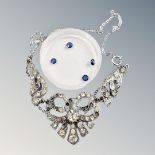 A diamante necklace together with four loose synthetic sapphire gemstones.