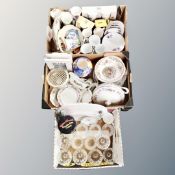 Three boxes containing assorted ceramics including dinnerware, Maling storm vase, glasses,