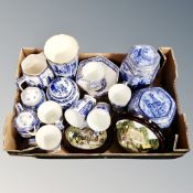 A box containing Ringtons blue and white caddies, vases, bowls, teacups, two Ringtons wall plaques.