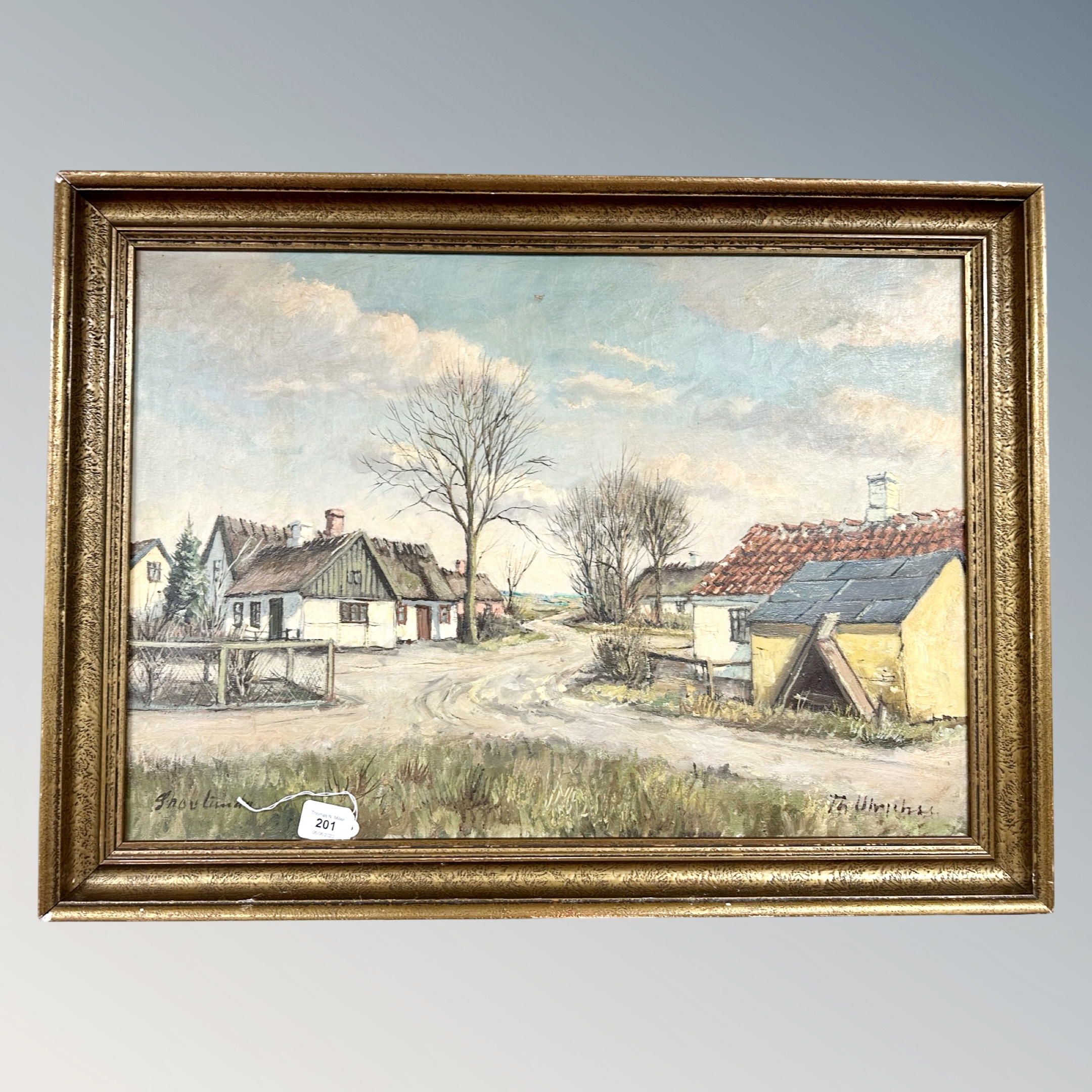 Danish School : Buildings by a coast, oil on canvas, 67cm by 47cm, indistinctly signed.