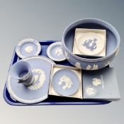 A tray of Wedgwood blue and white Jasperware including bowl, plates etc.