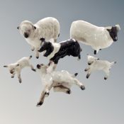 A Beswick figure of a border collie together with five further Beswick figures of sheep and lambs.
