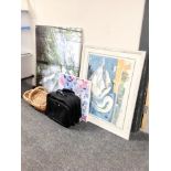 Two wall canvasses together with a pastel drawing of swans and ducks on water, framed,