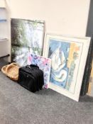 Two wall canvasses together with a pastel drawing of swans and ducks on water, framed,