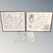 Two Saxton maps, Cheshire in 1577 and Warwickshire and Leicestershire in 1576, framed,