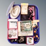 A tray containing costume jewellery including unique jewels, earrings, necklace,