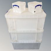 Five Really Useful plastic storage boxes with lids.