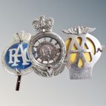 A vintage Royal Automobile Club car badge together with a further RAC and AA car badge.