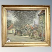 Hans Kongsmar : Trees by a building, oil on canvas, 53cm by 44cm.