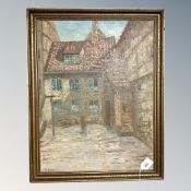 J. Ulesen : Courtyard by a building, oil on canvas, 38cm by 50cm.