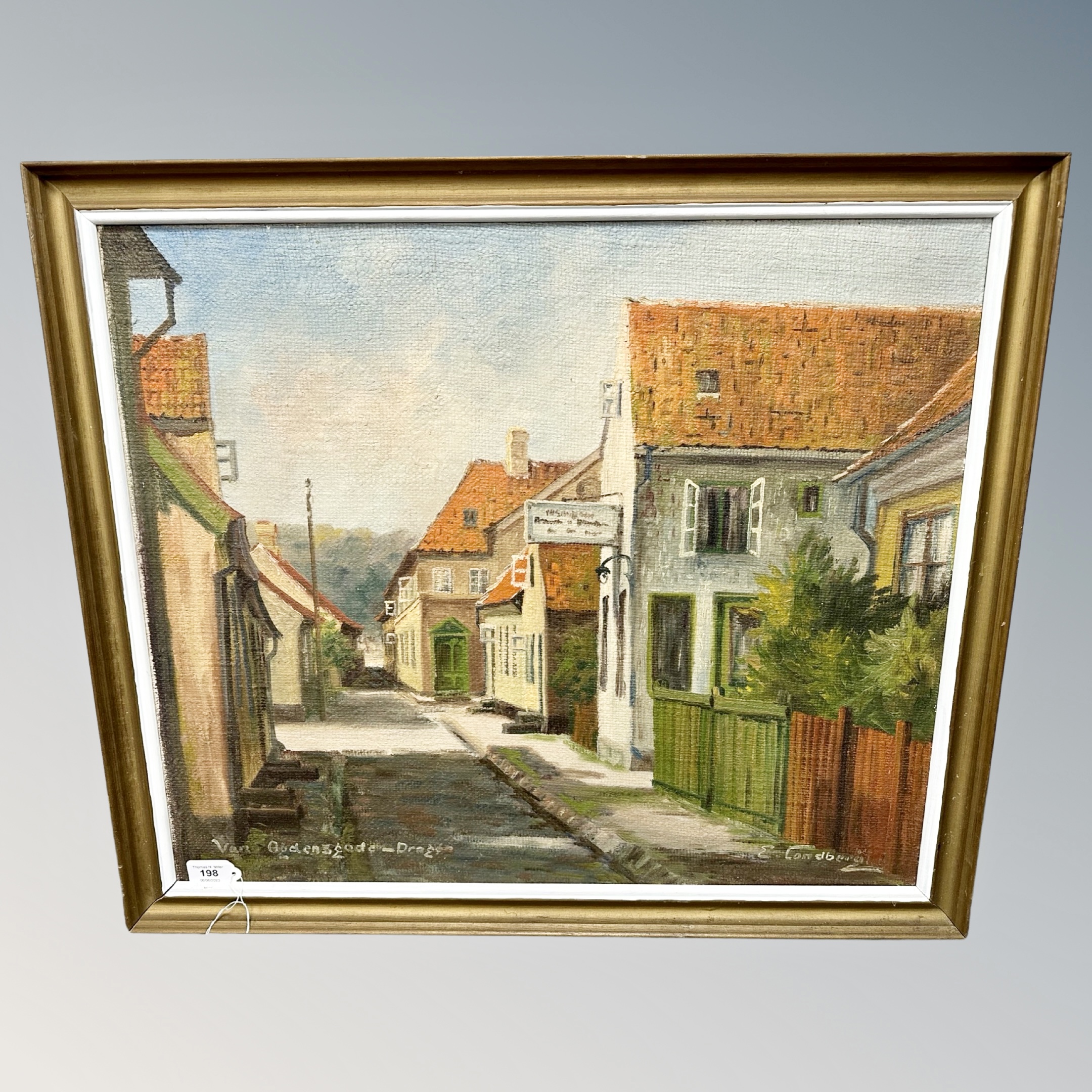 E. Londberg : Buildings in a street, oil on canvas, 64cm by 55cm.