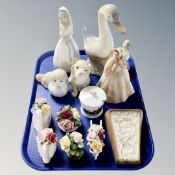 A tray of ornaments, Capodimonte and Spanish figures, china posies,