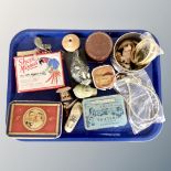 A tray of collector's items including bottle coaster,