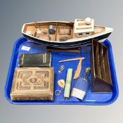 A tray of wooden model boat, Edwardian letter rack, Victorian leather bound photograph album,