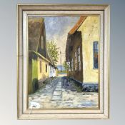 B. Tandberg : Pathway between buildings, oil on canvas, 33cm by 43cm.