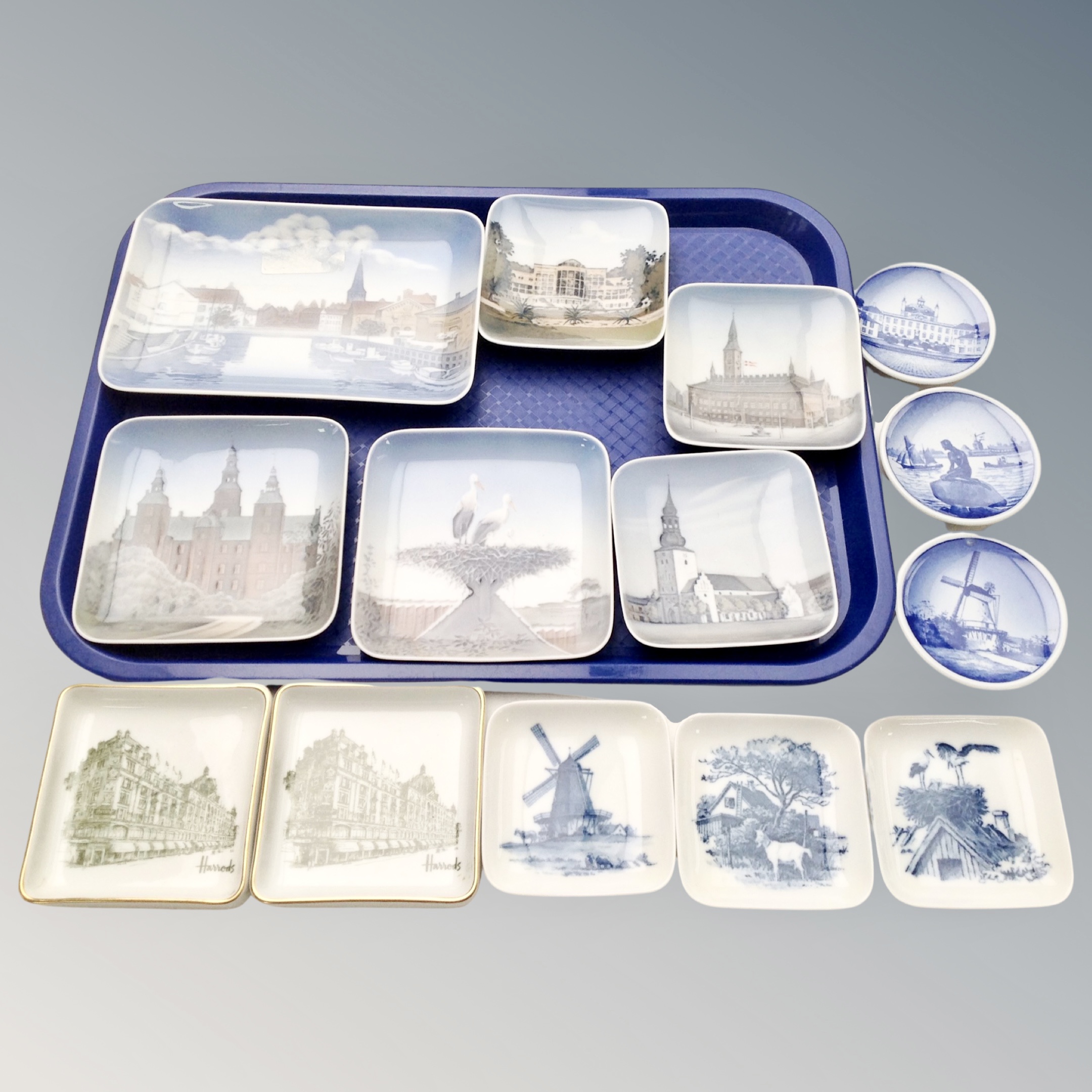 A tray of Royal Copenhagen dishes, Harrods dishes etc.