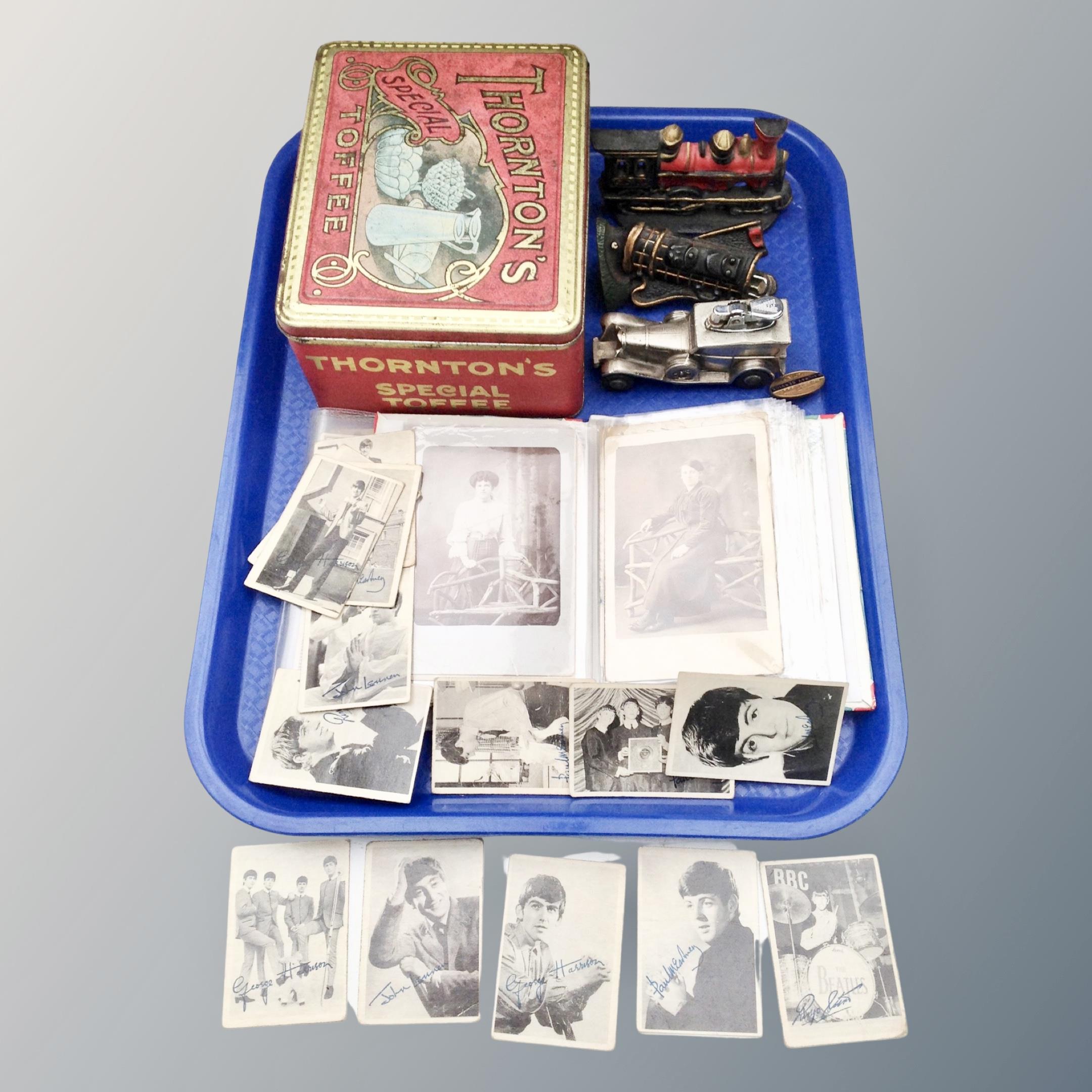 A collection of vintage photographs and postcards, chewing gum cards depicting the beatles etc.