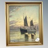 Danish School : Sailing boats in calm water, oil on canvas, 32cm by 39cm.