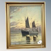 Danish School : Sailing boats in calm water, oil on canvas, 32cm by 39cm.