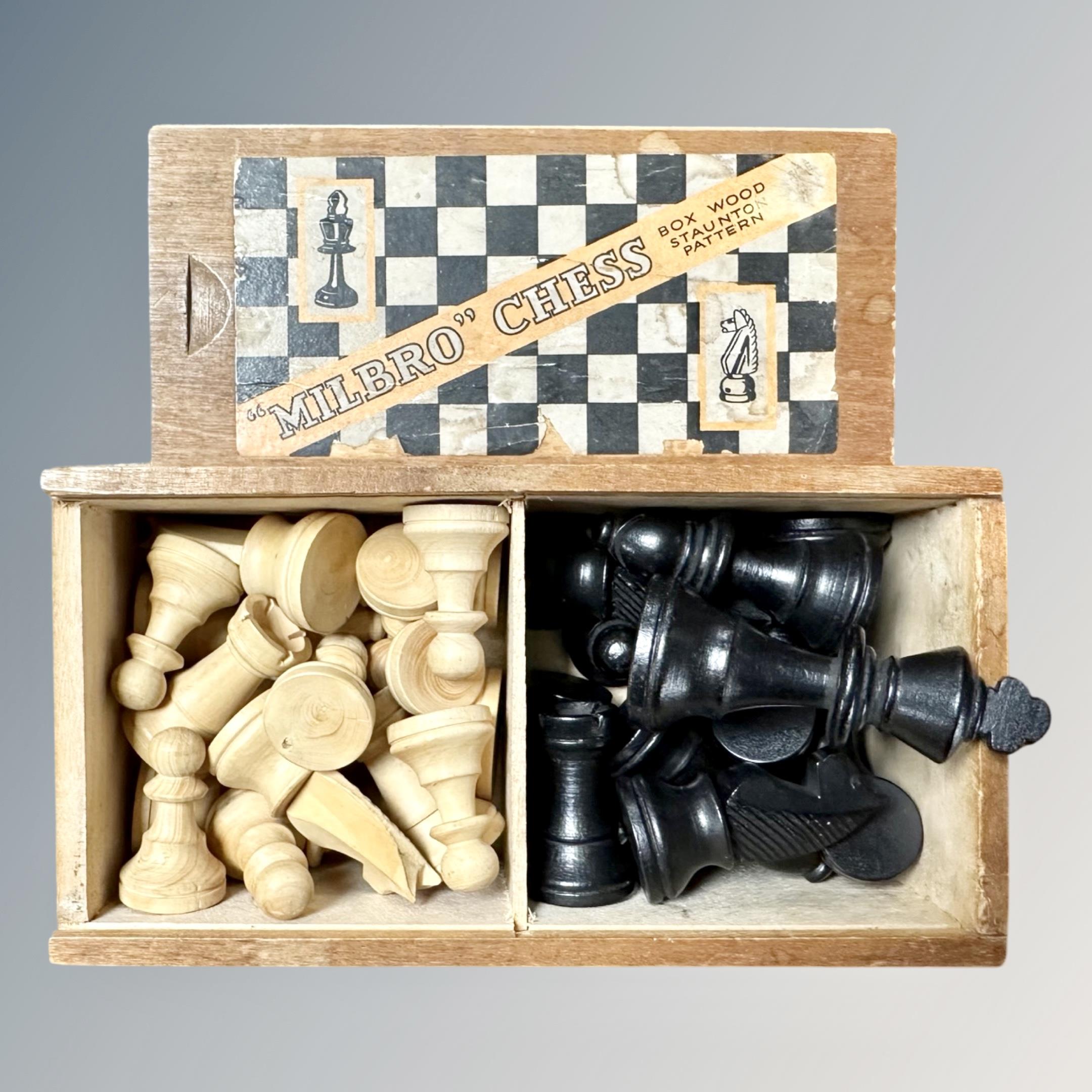 A Milbro chess set complete and boxed, king 6.