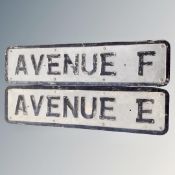 Two pressed aluminium street signs, Avenue A and Avenue F.