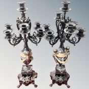 A pair of gilt metal and marble seven way candelabra (painted)