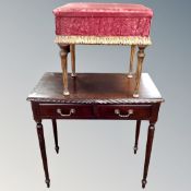 A contemporary mahogany two drawer hall table together with a mid-century upholstered sewing box on