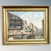 R. Reath : Buildings by a river, oil on canvas, 39cm by 30cm.