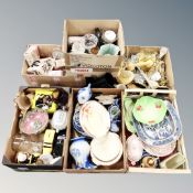 A pallet of six boxes of antique and later ceramics, Ringtons, Maling ware, glass,