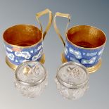 A pair of Russian cloisonne blue glass holders and pair of salts with silver rims