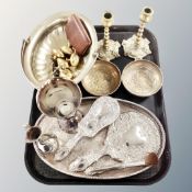 A tray containing assorted metalware including brass candlesticks, finger bowls,